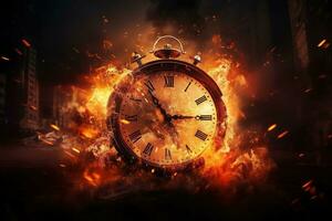 AI generated Alarm clock on fire background. Time is running out concept. photo