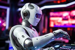 AI generated Robot humanoid working on a computer in a nightclub photo