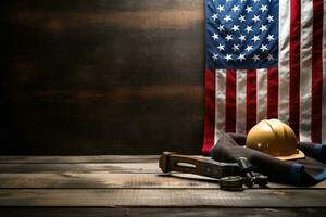 AI generated tools on a wooden table against the background of the American flag photo