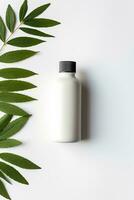 AI generated Blank cosmetic bottle with green leaves on white background photo