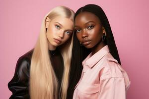 AI generated fashionable Two young multiracial women posing together isolated on pink background photo