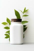 AI generated Blank cosmetic bottle with green leaves on white background photo