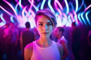 AI generated Portrait of a beautiful girl with short hair dancing in a nightclub photo