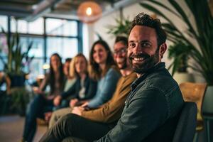 ai generado grupo de negocio personas teniendo un reunión a creativo oficina foto