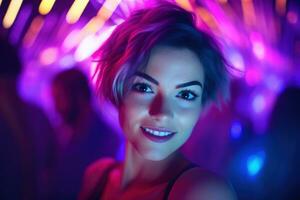 AI generated Portrait of a beautiful girl with short hair dancing in a nightclub photo