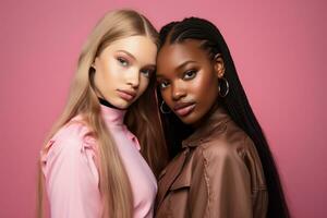 ai generado de moda dos joven multirracial mujer posando juntos aislado en rosado antecedentes foto