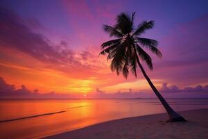 ai generado hermosa naturaleza tropical playa y mar con Coco palma árbol a puesta de sol hora para viaje y vacaciones foto