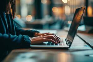 AI generated Close up of female hands typing on laptop keyboard at table in cafe photo