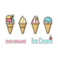 Ice cream cone sticker pack, cute cartoon style. Vector illustration