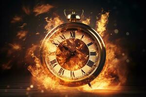 AI generated Alarm clock on fire background. Time is running out concept. photo