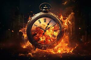 AI generated Alarm clock on fire background. Time is running out concept. photo