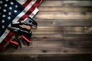 ai generado herramientas en un de madera mesa en contra el antecedentes de el americano bandera foto