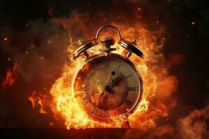 AI generated Alarm clock on fire background. Time is running out concept. photo