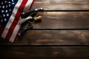 AI generated tools on a wooden table against the background of the American flag photo