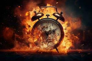 AI generated Alarm clock on fire background. Time is running out concept. photo