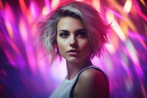 AI generated Portrait of a beautiful girl with short hair dancing in a nightclub photo