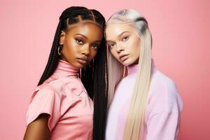 AI generated fashionable Two young multiracial women posing together isolated on pink background photo