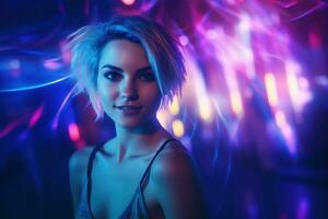 AI generated Portrait of a beautiful girl with short hair dancing in a nightclub photo