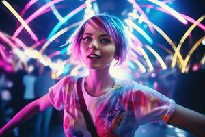 AI generated Portrait of a beautiful girl with short hair dancing in a nightclub photo