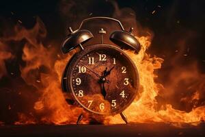 AI generated Alarm clock on fire background. Time is running out concept. photo