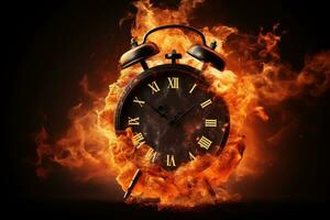 AI generated Alarm clock on fire background. Time is running out concept. photo