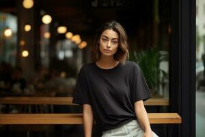 ai generado retrato de un hermosa joven mujer en un negro camisa . foto