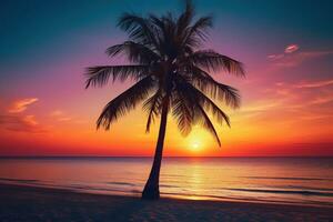 ai generado hermosa naturaleza tropical playa y mar con Coco palma árbol a puesta de sol hora para viaje y vacaciones foto