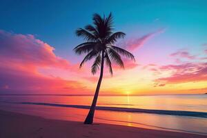 AI generated Beautiful nature tropical beach and sea with coconut palm tree at sunset time for travel and vacation photo