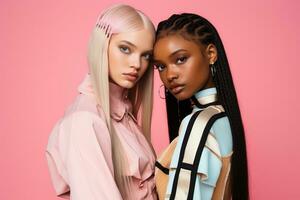 AI generated fashionable Two young multiracial women posing together isolated on pink background photo