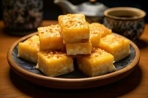 AI generated Close-up of a plate of yellow cheese cubes. photo