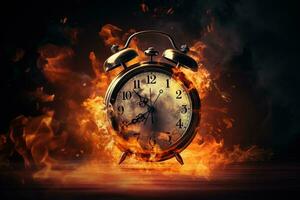 AI generated Alarm clock on fire background. Time is running out concept. photo