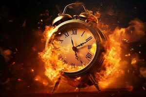 AI generated Alarm clock on fire background. Time is running out concept. photo