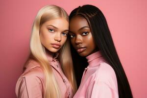 AI generated fashionable Two young multiracial women posing together isolated on pink background photo