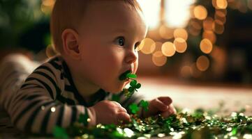 AI generated baby boy licking some green shamrocks photo