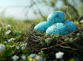 AI generated blue easter eggs are in the nest easter photo