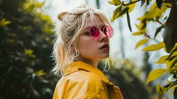 ai generado brillante rosado Gafas de sol en rubia mujer vestido en amarillo chaqueta para retrato foto