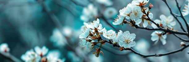 ai generado ramas de Cereza arboles son cubierto en blanco flores foto
