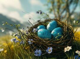 ai generado azul Pascua de Resurrección huevos son en el nido Pascua de Resurrección foto