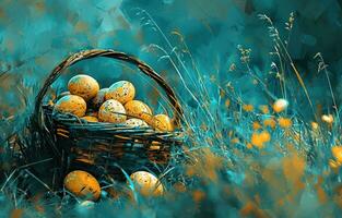 AI generated basket filled with easter eggs in spring field photo