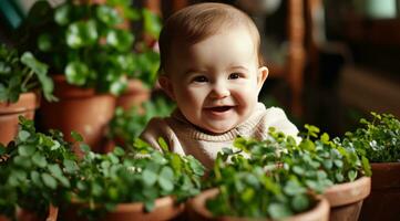 AI generated baby boy licking some green shamrocks photo