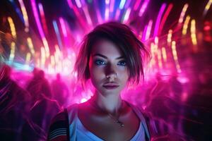 AI generated Portrait of a beautiful girl with short hair dancing in a nightclub photo