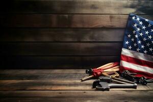 AI generated tools on a wooden table against the background of the American flag photo