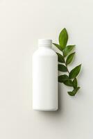 AI generated Blank cosmetic bottle with green leaves on white background photo