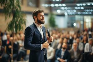 AI generated Speaker Giving a Talk at Business Conference. Audience at the conference hall. Business and Entrepreneurship. photo