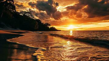 ai generado hermosa puesta de sol en el playa. mar olas y salpicaduras foto