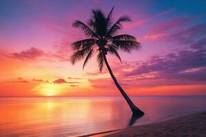 ai generado hermosa naturaleza tropical playa y mar con Coco palma árbol a puesta de sol hora para viaje y vacaciones foto