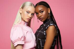 AI generated fashionable Two young multiracial women posing together isolated on pink background photo