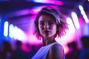 AI generated Portrait of a beautiful girl with short hair dancing in a nightclub photo