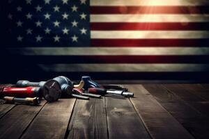 AI generated tools on a wooden table against the background of the American flag photo