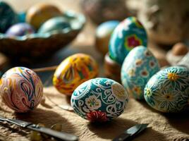 AI generated an image shows several hand painted easter eggs on a table photo